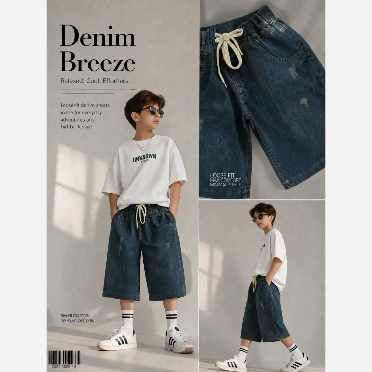 شلوارک جین بچگانه ترک قواره آزاد مناسب 8 تا 20 سال رنگ خاکستری و سرمه ای