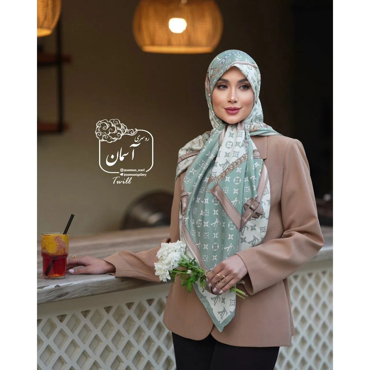 روسری مجلسی ساتن ابریشم طرح ال وی قواره 140