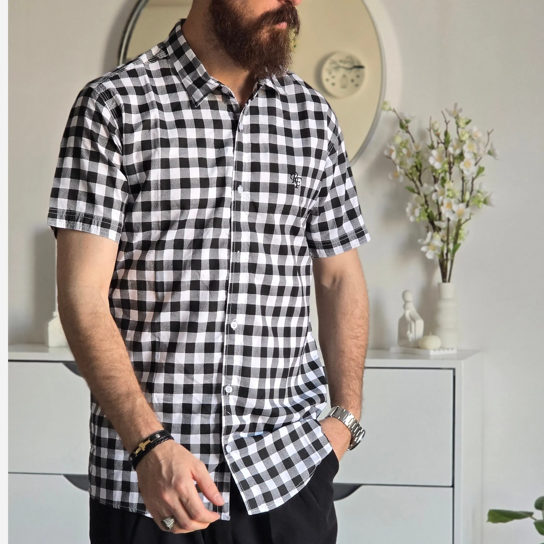 پیراهن آستین کوتاه مردانه چهارخانه نخی پلی استر سایز M تا XXL